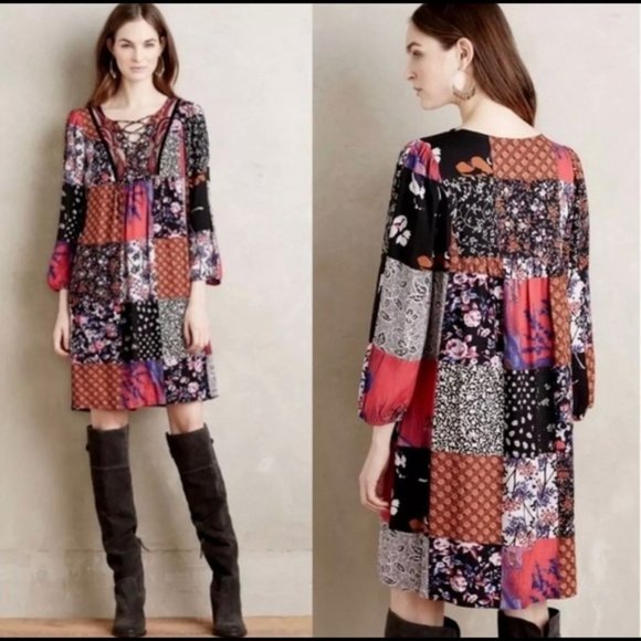 Anthropologie Dress One September Arcata Boho Patchwork Multicolor Shift Rayon - Picture 1 of 12